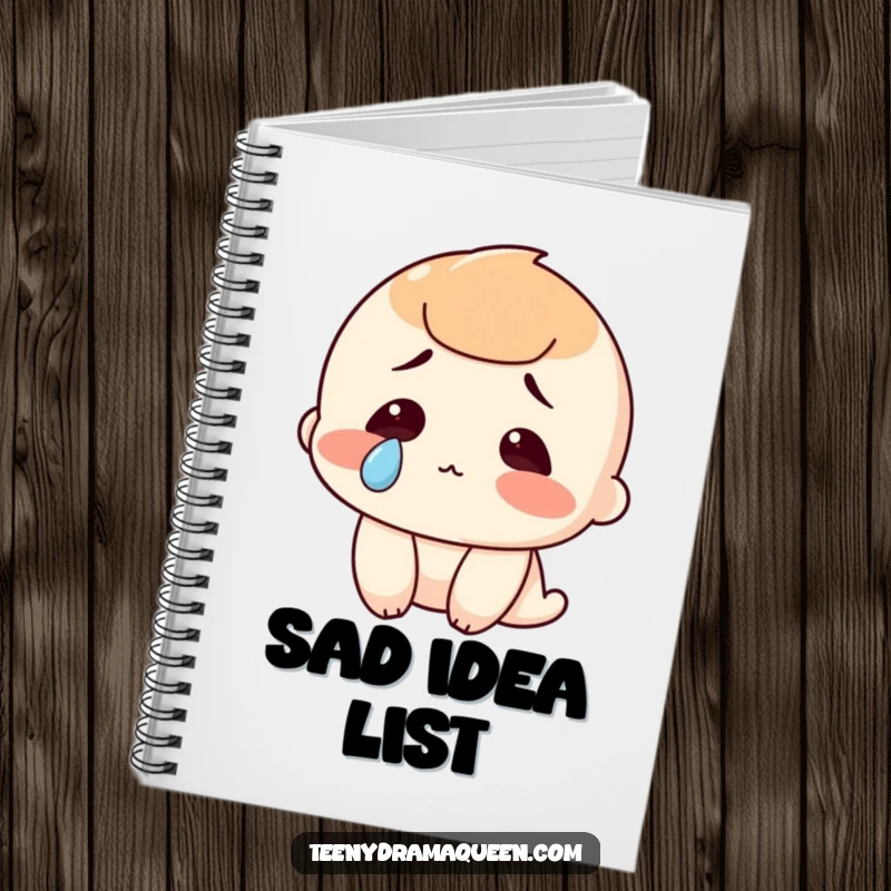 Funny notebook with a character shedding a single, dramatic tear, encouraging humorous journaling and creative expression, perfect for note-taking.