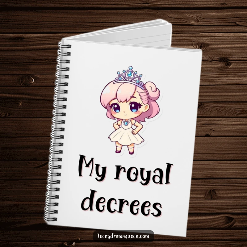Funny notebook featuring a tiny character with a tiara, striking a dramatic pose, ideal for notes and doodles.
