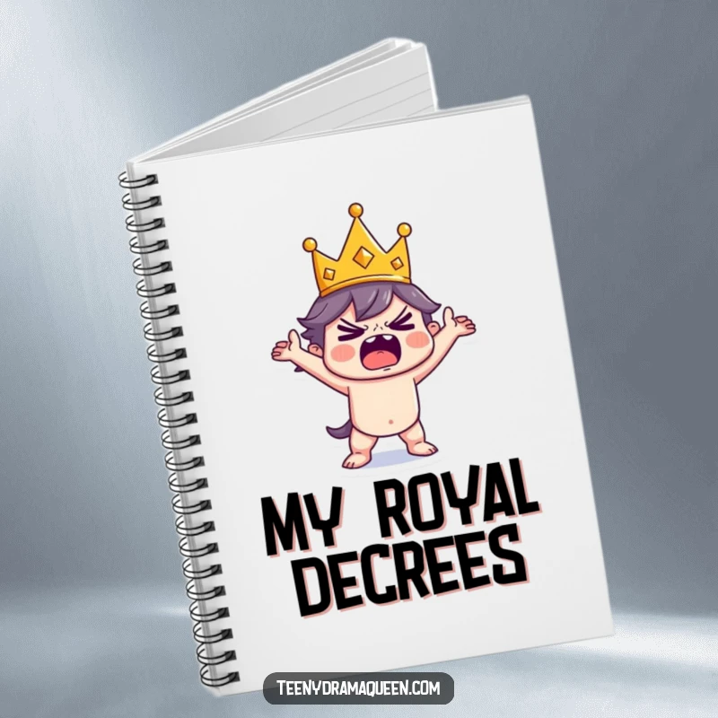 Funny Notebook cover with a tiny crowned character dramatically posing mid-tantrum, ideal for jotting down hilarious royal rants.