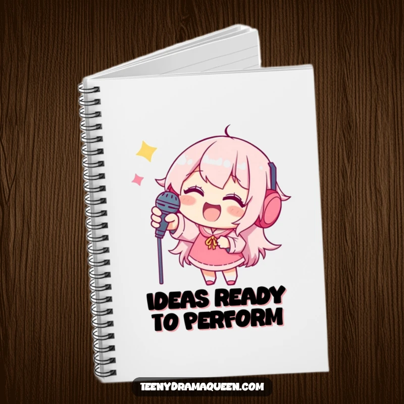 Funny notebook, a joyful character reaching for a tiny microphone, symbolizing the capture of ideas.