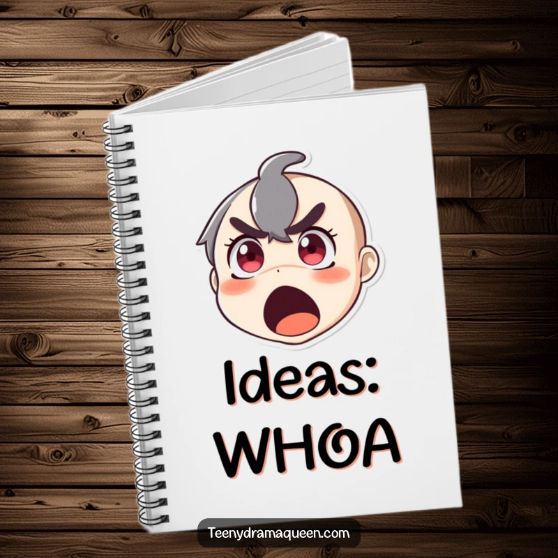 Funny notebook featuring a character's face in a state of hilarious surprise, wide eyes and open mouth, ready for shocking ideas.