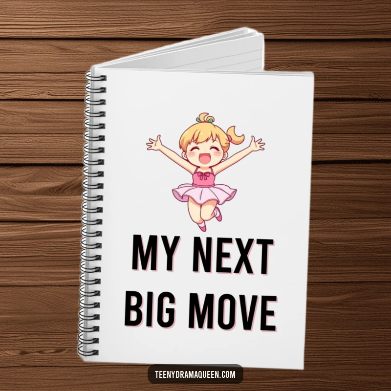 Funny notebook featuring a ballet dancer character mid-joyful leap, arms extended, ready to capture brilliant, humorous ideas.