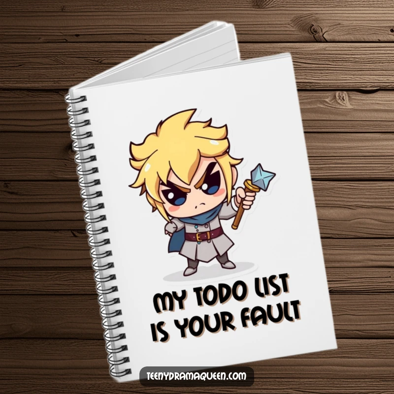 Funny notebook with a miniature scepter character pointing accusingly, perfect for jotting down funny royal directions. Excellent funny gift.