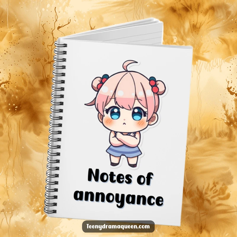 Funny notebook with a teeny character pouting with crossed arms, perfect for jotting down notes with a touch of adorable stubbornness.