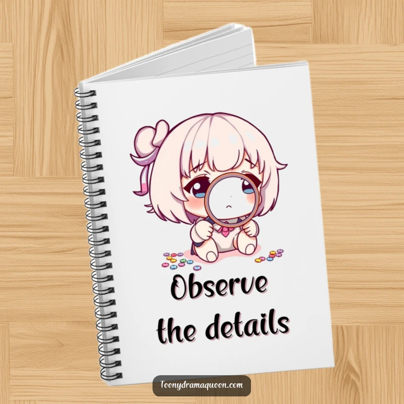 Funny notebook cover featuring a character intensely examining a single sequin with a magnifying glass, symbolizing detailed note-taking and humor.