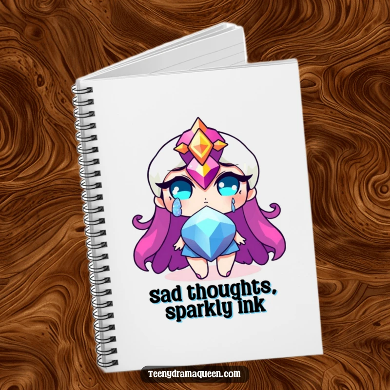 Funny notebook with a dramatic jewel character shedding a glittery tear, perfect for jotting down funny dramatic thoughts. Excellent funny gift.
