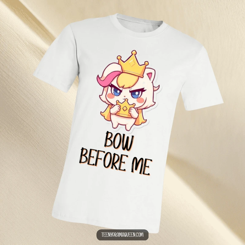 Funny t-shirt depicting a small character determinedly clutching a sparkly crown, radiating haughty royal vibes.