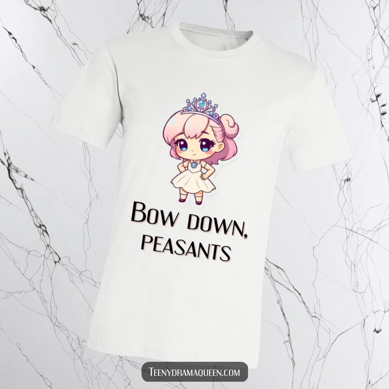 Funny t-shirt with a tiny character in a sparkly tiara, striking a dramatic diva pose with one hand on hip.