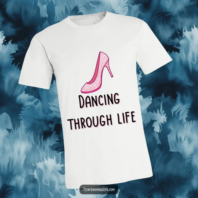 Funny t-shirt with a sparkly stiletto shoe in mid-grand jeté, celebrating dance, fashion, and elegant movement.