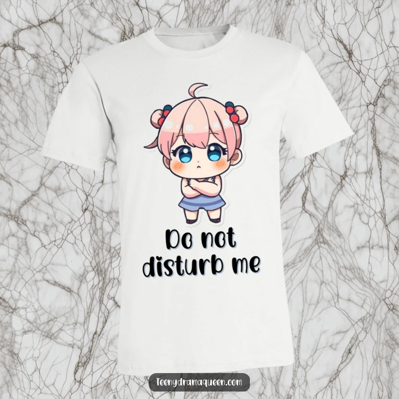 Funny t-shirt graphic of a teeny character pouting with crossed arms, capturing adorable stubbornness and defiant charm.