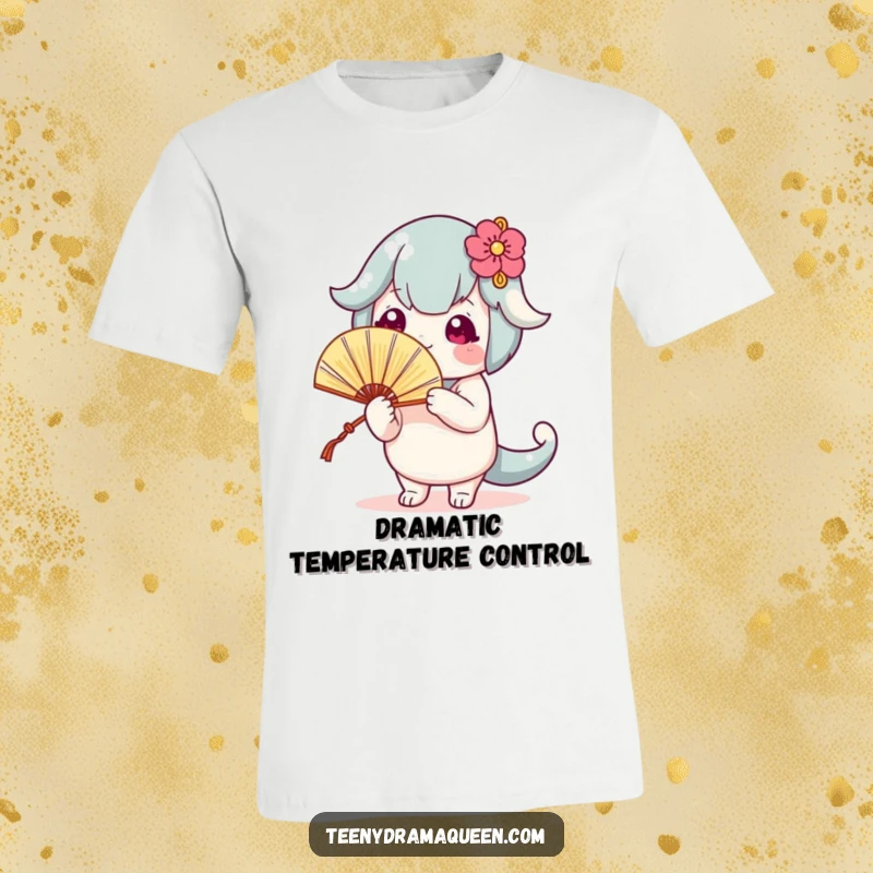 Funny t-shirt with a cute character theatrically fanning itself, depicting the struggle with heat in a humorous way.
