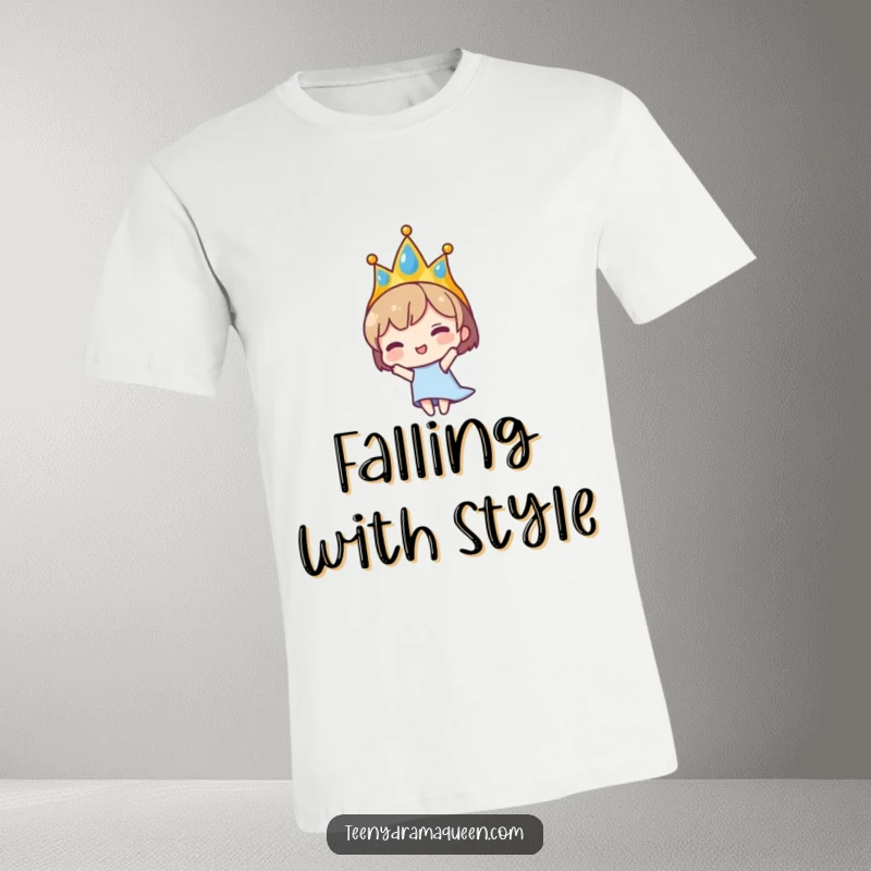 Funny T-shirt showing a tiny character wearing a tiara in the midst of a dramatic, over-the-top fall. Conveys comedic distress and flair.