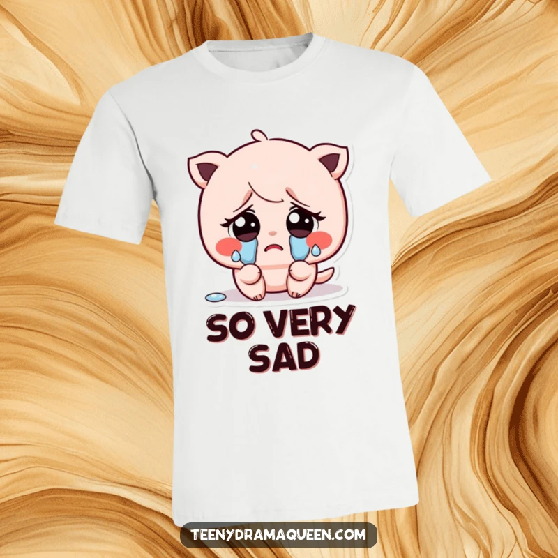 Funny t-shirt featuring a kawaii character with huge sad eyes, shedding tiny, exaggerated tears, capturing a moment of sweet sorrow.