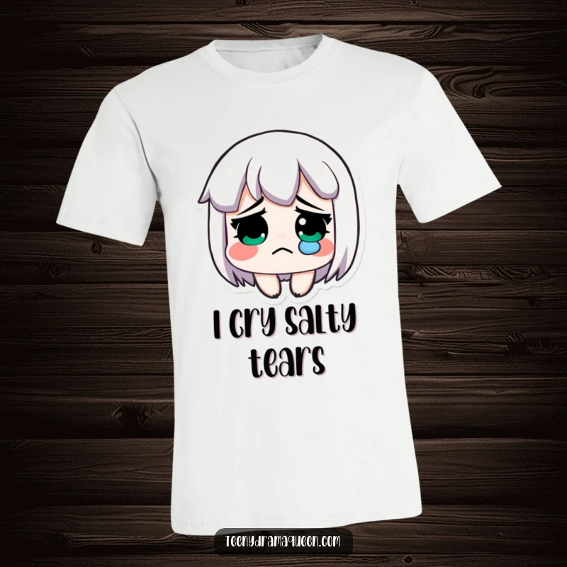 Funny t-shirt, an exaggeratedly sad character shedding a single, dramatic tear.