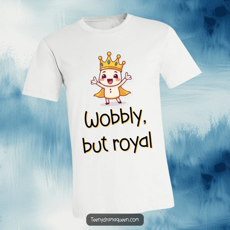 Funny crown character t-shirt, tiny, dramatic, wobbly base, performing a sweeping gesture with regal humor.