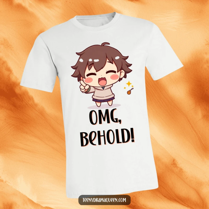 Funny t-shirt featuring an excited character with exaggerated expression, dramatically pointing at a small detail, full of energetic anticipation.