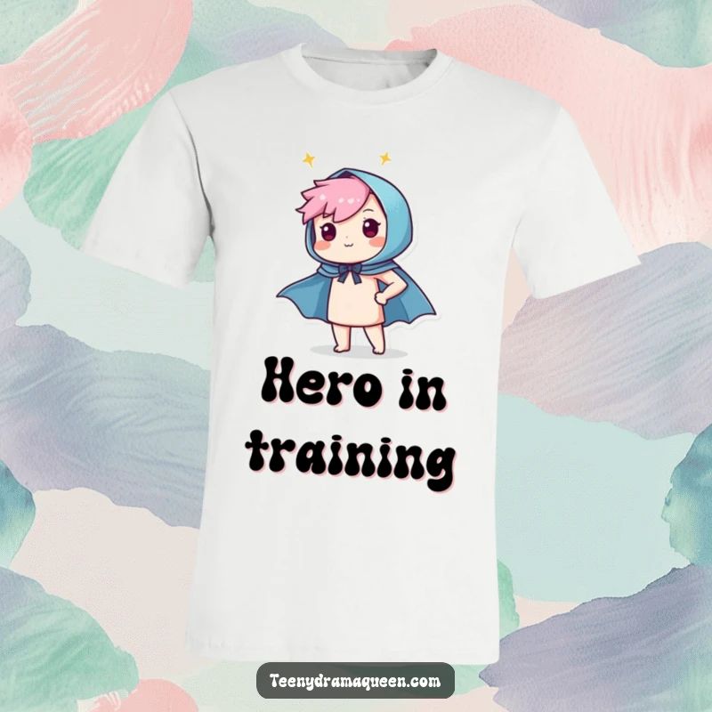 Funny t-shirt depicting a small character exuding pride while throwing on a tiny, shimmering cape, celebrating heroism.