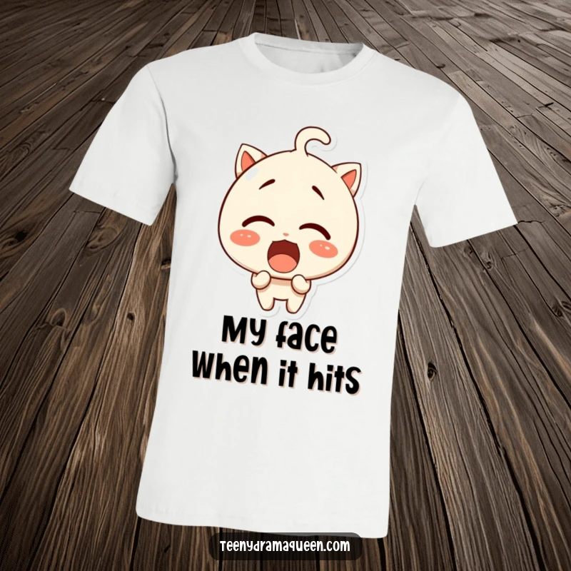 Funny t-shirt, a giggling character expressing extreme surprise with exaggerated facial features.