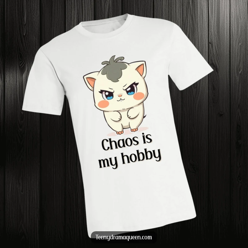 Funny t-shirt design of a character with a mischievous expression, ready to instigate a small, humorous commotion.
