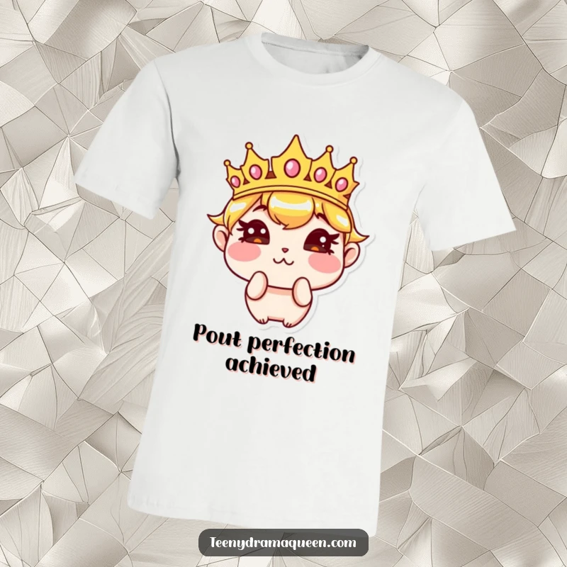 Funny T-Shirt with a sassy crown character pouting with puffed cheeks, showing a humorous and stylish royal attitude. Perfect funny gift.