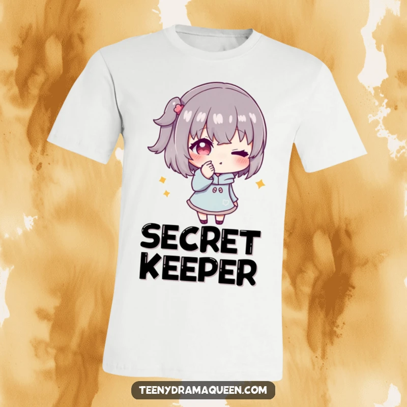 Funny t-shirt featuring a character whispering secrets with a sly, conspiratorial wink, embodying playful mischief and shared humor.