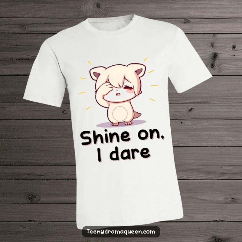 Funny Character T-Shirt: Humorous graphic of a shy figure dramatically shielding their eyes from an unseen spotlight.
