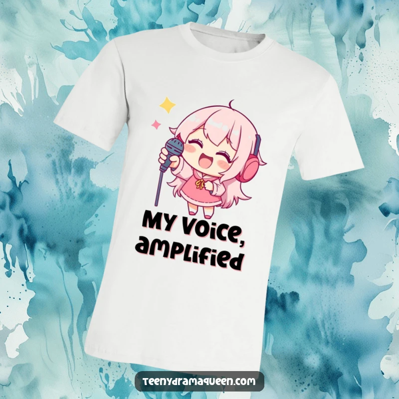 Funny t-shirt, a joyful character stretching to grasp a tiny microphone, conveying ambition and humor.