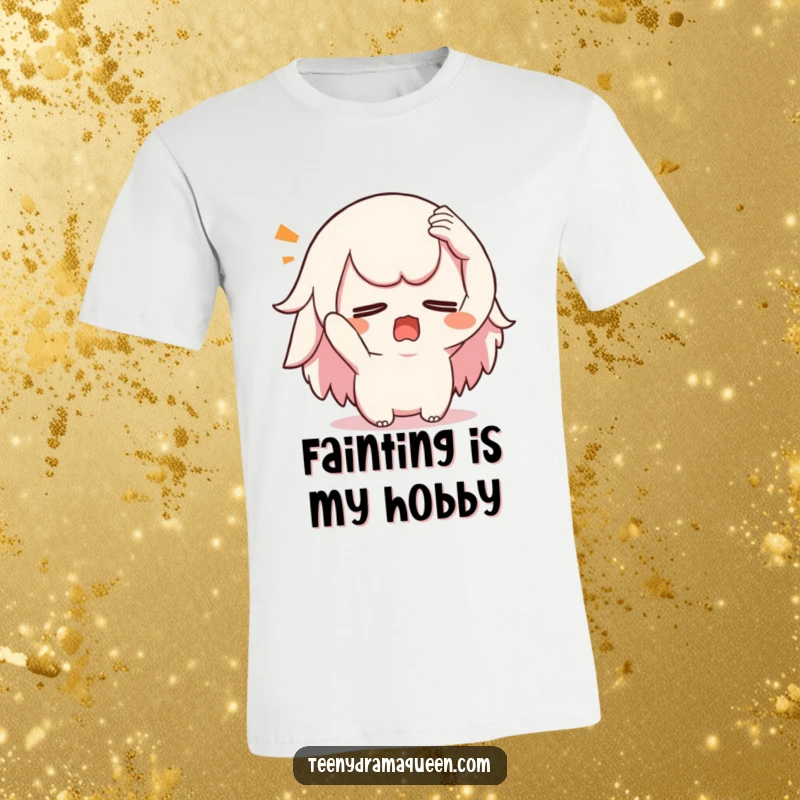 Funny swooning kawaii t-shirt, a character dramatically collapsing with a hand to its forehead, great for theatrical humor.