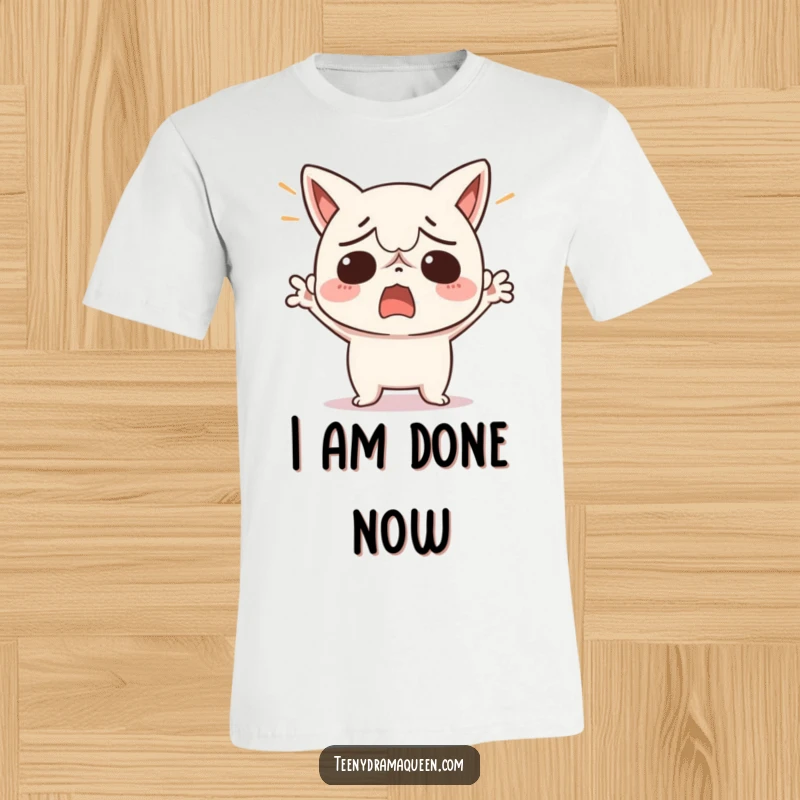 Funny t-shirt with a kawaii character throwing its hands up in a dramatic gesture of total exasperation and done-ness.
