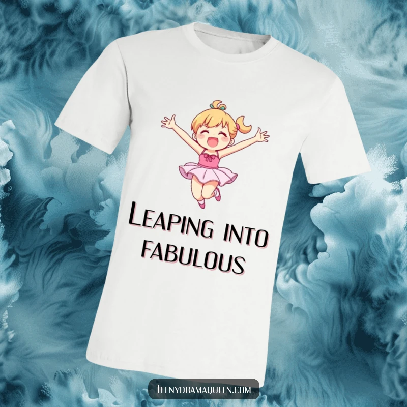 Funny t-shirt showcasing a delighted character in a tutu mid-grand leap with arms wide, embodying dance and humor.