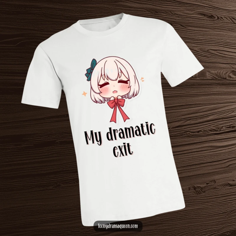 Funny t-shirt design of a character pouting and letting go of a ribbon with a dramatic sigh, showcasing theatrical sadness and humor.