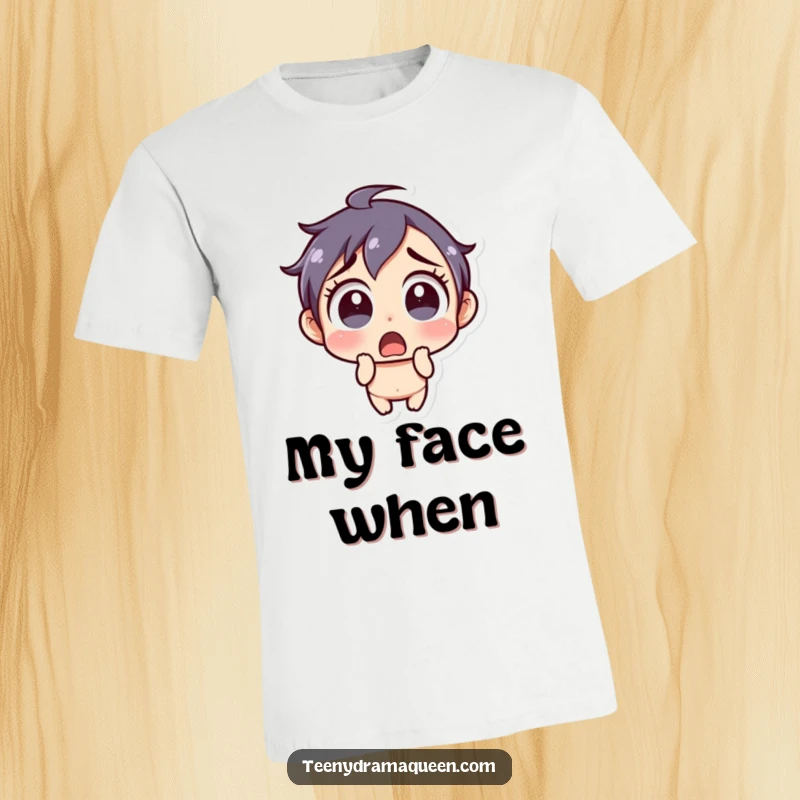 Funny T-Shirt: Little character with a shocked expression and wide eyes, perfect for showing surprise with humor.
