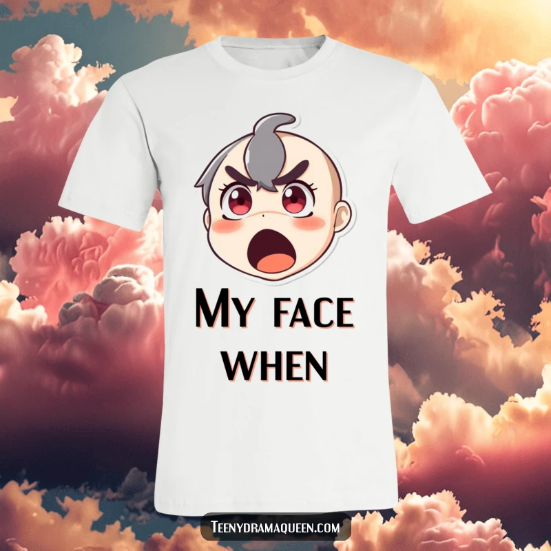 Funny t-shirt with a character in wide-eyed shock, mouth agape in a hilarious, dramatic gasp of surprise.