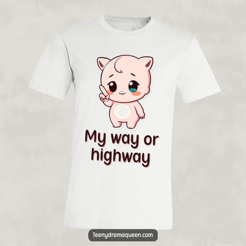 Funny t-shirt graphic of a cute character pointing a tiny finger with a huff, showing adorable annoyance and playful drama.