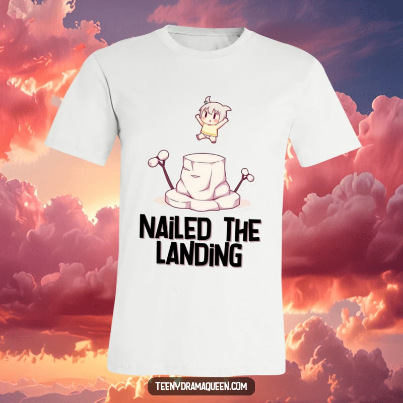 Funny small character leaping dramatically onto a tiny platform with a flourish, capturing bold moves and triumph.