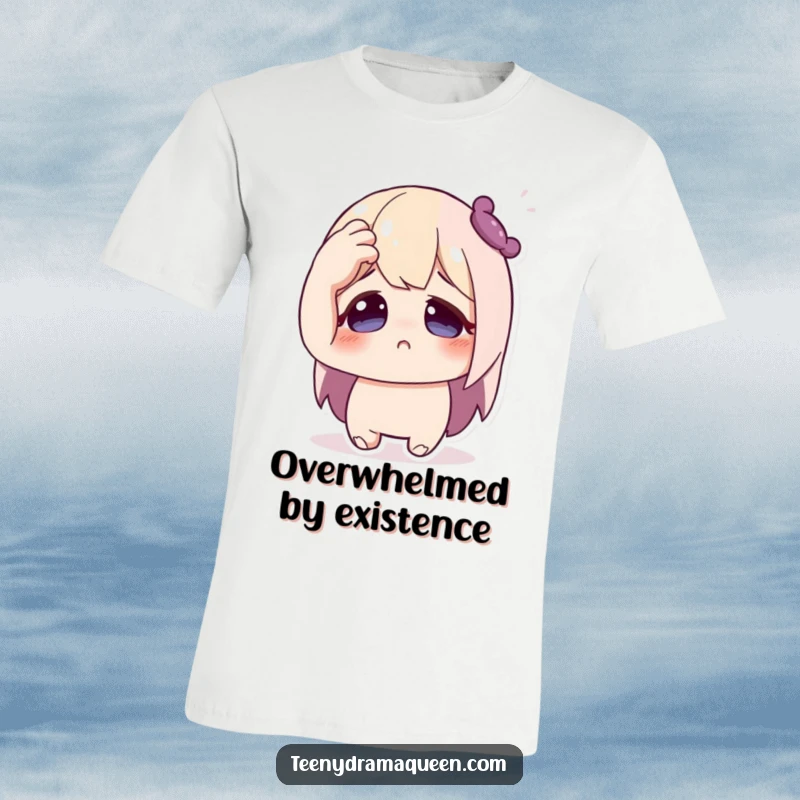 Funny t-shirt with a cute character dramatically fainting, hand on forehead, wide eyes, capturing humorous over-the-top reactions.