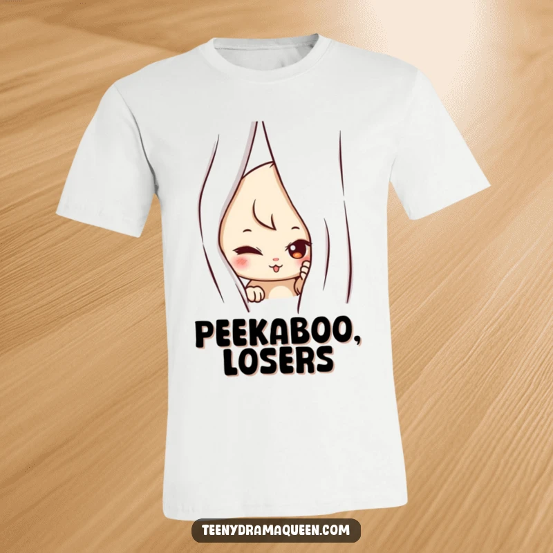 Funny t-shirt featuring a mischievous character with wide, curious eyes, peeking from behind a curtain, embodying playful curiosity.