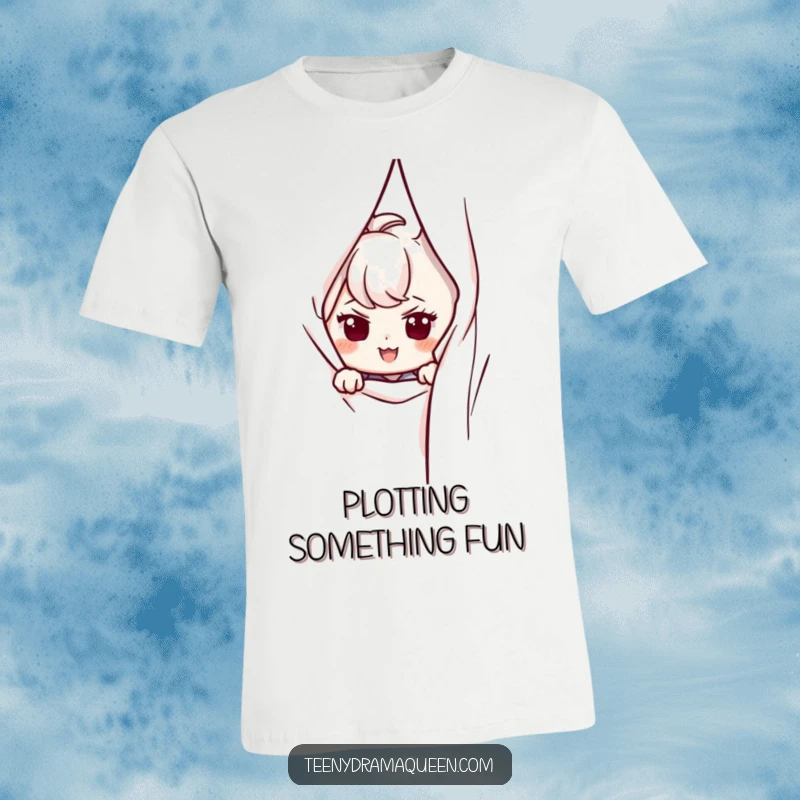 Funny t-shirt with a character peeking from behind a curtain, sporting a mischievous and knowing smirk.