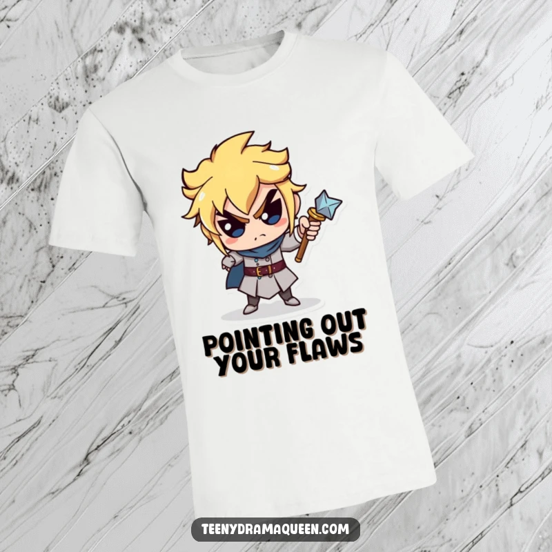 Funny T-Shirt with a miniature scepter character pointing accusingly, showing humorous royal authority and playful blame. Perfect funny gift.