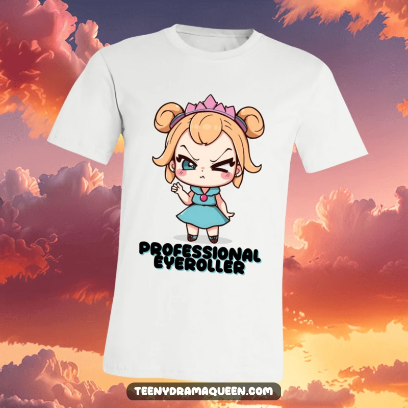 Funny T-Shirt: Teeny drama queen character with exaggerated eye roll and sassy pose, ready to deliver a dramatic performance.