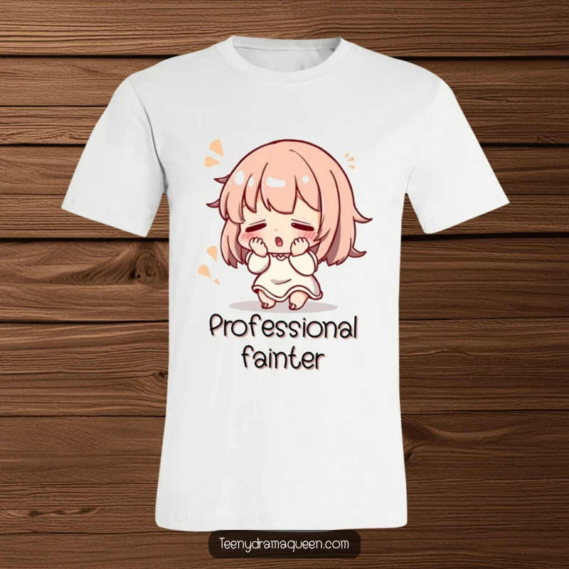 Funny T-Shirt: Small character dramatically fainting with a flourish, perfect for a humorous, theatrical statement.