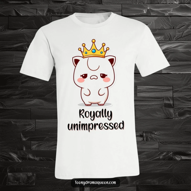 Funny unimpressed kawaii crown t-shirt, a character looking bored despite wearing a crown, royal aloofness.