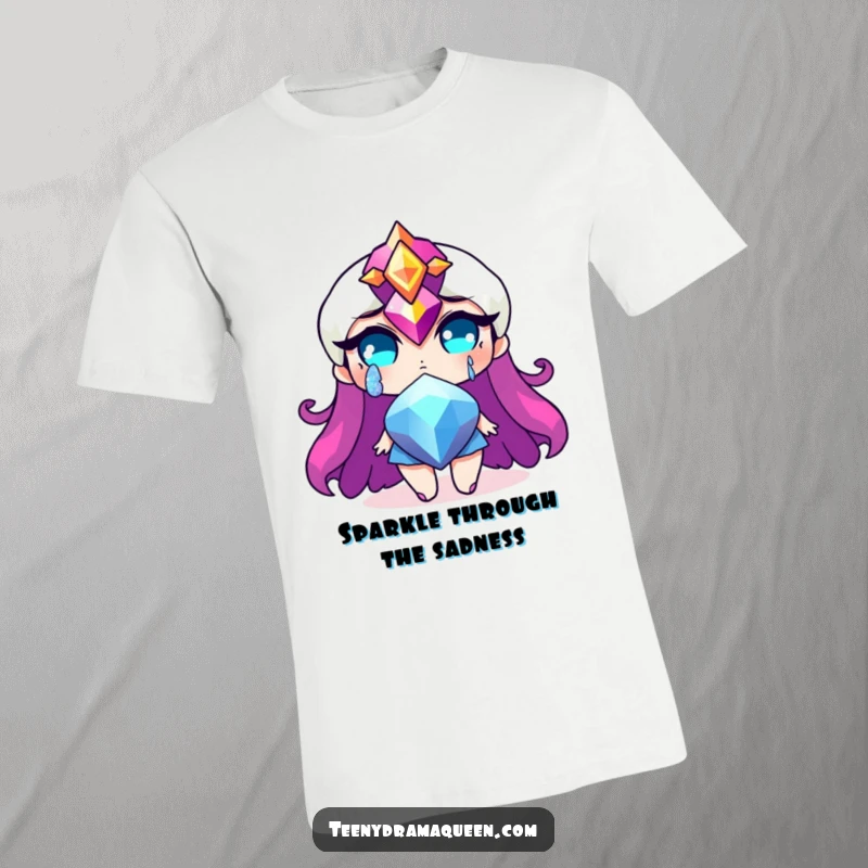 Funny T-Shirt with a dramatic jewel character shedding a glittery tear, showing humorous sparkle and dramatic flair. Perfect funny gift.