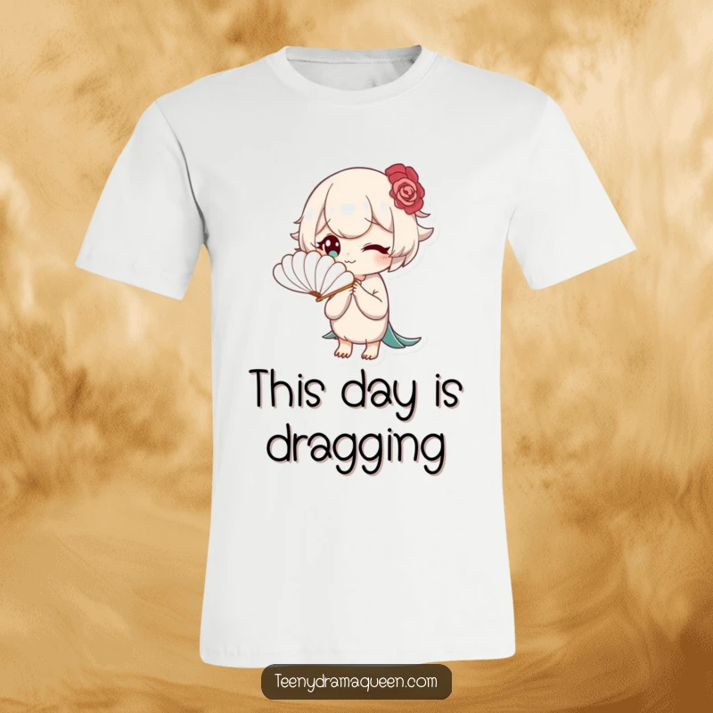 Funny t-shirt design of a character fanning themselves with a petite feather fan, embodying graceful boredom and dry wit.