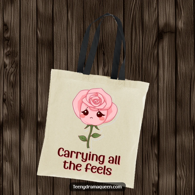 Funny Tote Bag with a pink rose character drooping sadly, perfect for carrying items with a humorous, melancholic touch.