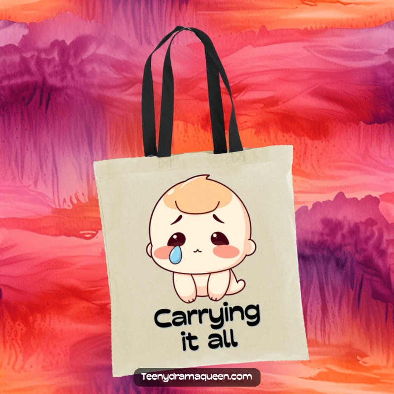 Funny tote bag featuring a character with a single, artistically placed tear, embodying a humorous sense of sadness, great for everyday use.