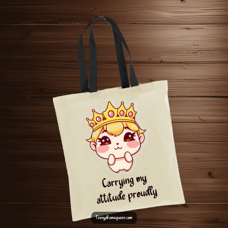 Funny tote bag with a sassy crown character pouting with puffed cheeks, perfect for carrying essentials with humorous royal flair. Great funny gift.