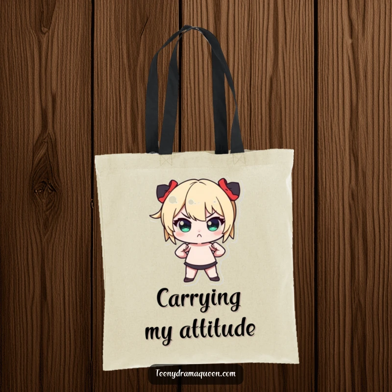 Funny Tiny Character Tote Bag: Durable carry-all showcasing a miniature figure in a dramatic, hands-on-hips pose with a pout.