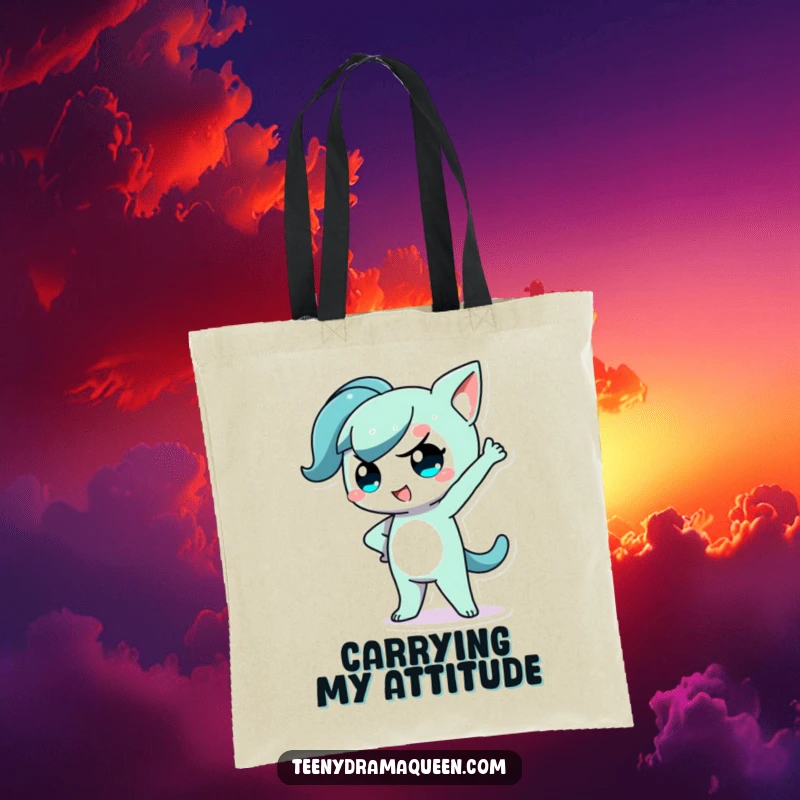 Funny Kawaii Character Tote Bag showing a dramatic pose with hand on hip, perfect for shopping.