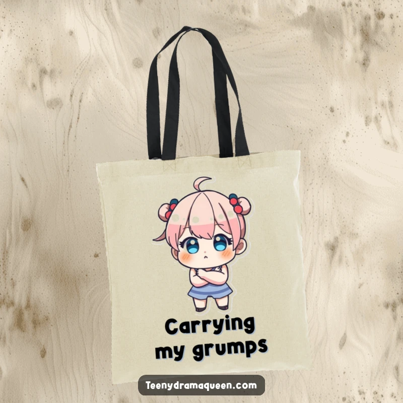 Funny tote bag illustration of a teeny character pouting with crossed arms, showcasing adorable stubbornness and playful defiance.